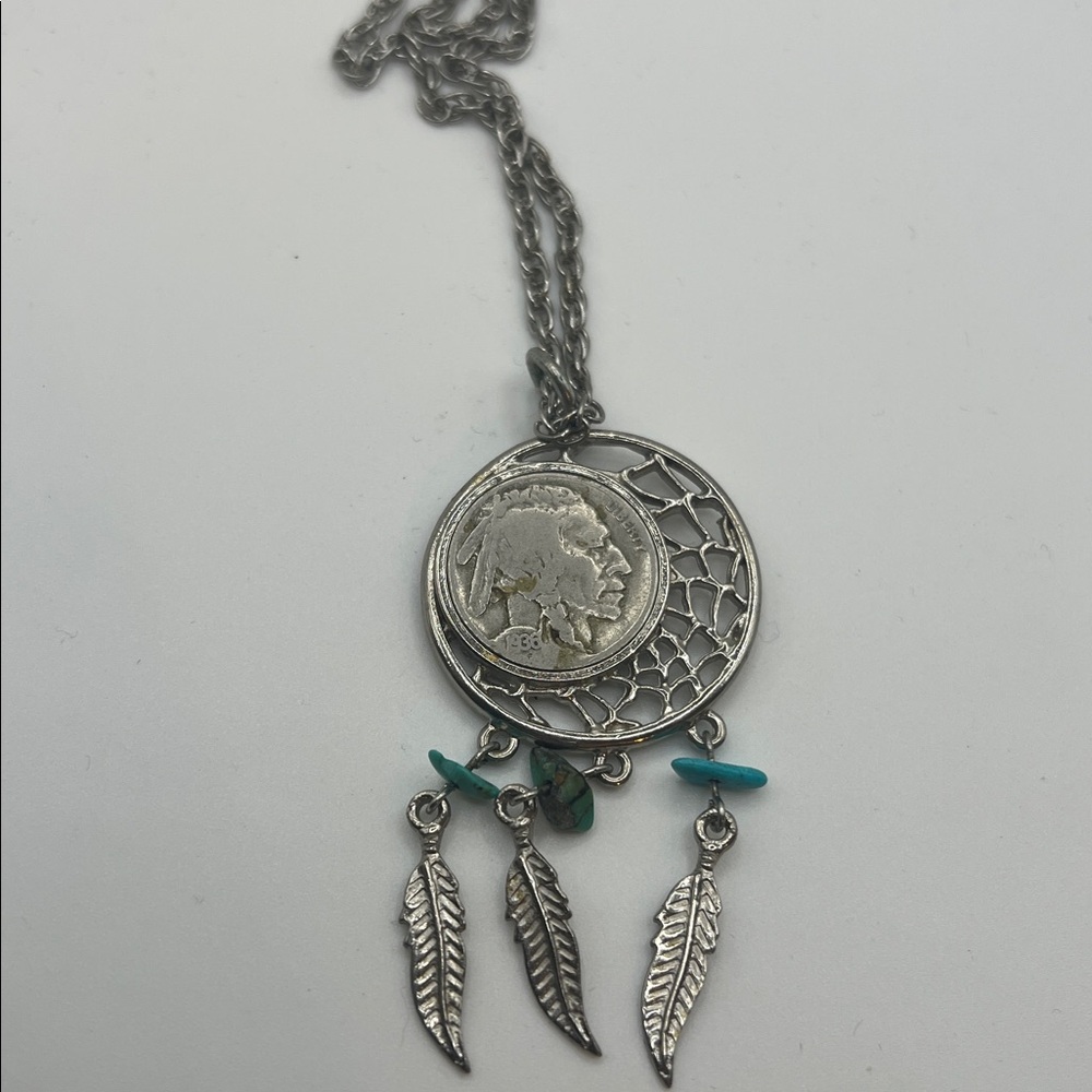 Buffalo coin Silver Dreamcatcher Pendant Necklace